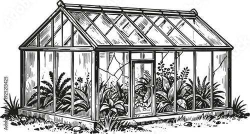 Vintage greenhouse illustration with glass walls and roof filled with diverse plants and foliage