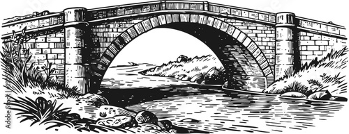 Stone arch bridge over flowing river with scenic natural landscape and rocky shore