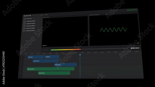 Isometric Video Editing Software Interface with Busy Timeline Clips on Transparent Background
