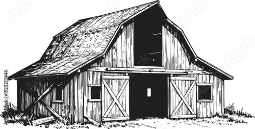 Rustic wooden barn with open double doors, rural countryside architecture illustration