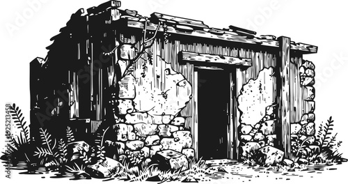 Old abandoned stone and wooden house with damaged walls and open doorway in rustic nature setting
