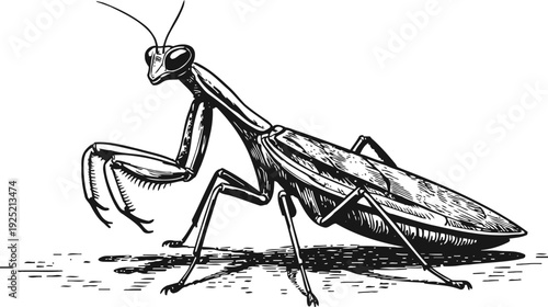 Detailed black and white illustration of a praying mantis insect, entomology drawing