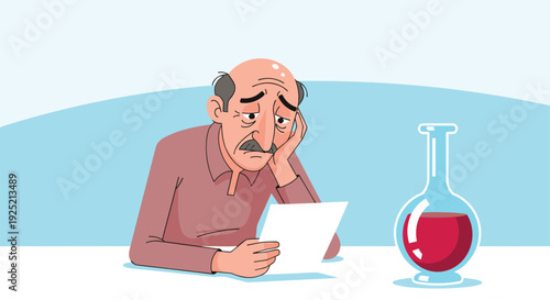 Concerned Sad Elderly Man Reading Medical Results Letter Next to Decanter, Healthcare News Cartoon Vector Illustration