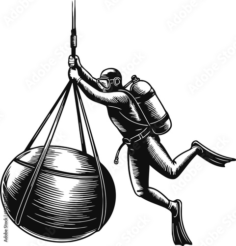 Diver securing heavy load underwater deep sea worker with scuba gear lifting large sphere buoy