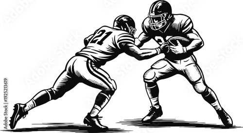 American football players in action tackling during game play monochrome illustration