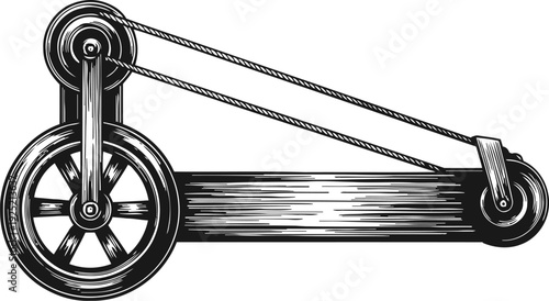 Vintage pulley system illustration with rope and wheels, mechanical device for lifting and moving objects