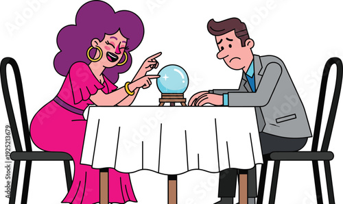 Fortune Teller Woman with Crystal Ball Predicting Future for Worried Man, Cartoon Vector Illustration of Mysticism and Psychic Reading