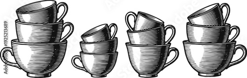 Stacked ceramic coffee cups in vintage sketch hand drawn kitchenware illustration collection