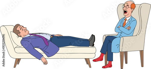 Psychologist Shocked by Sleeping Patient on Couch, Funny Therapy Session Vector Illustration of Mental Health Burnout