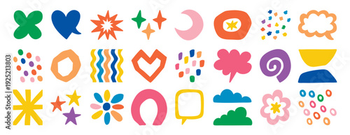 Vibrant abstract hand drawn stickers for packaging, assorted labels, badges and decorative marks arranged for product mockups, stationery sets, gift wrap and small business branding