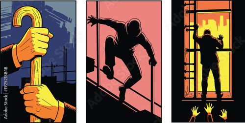 Mysterious Burglar Breaking Into Building at Night, Noir Style Comic Vector Illustration of Crime and Suspense