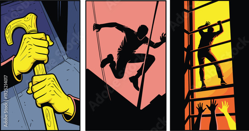 Mysterious Burglar Breaking Into Building at Night, Noir Style Comic Vector Illustration of Crime and Suspense