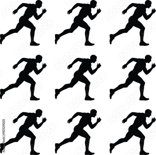 Running man silhouettes sequence showing sprint motion speed and athletic action isolated on white background for fitness sport movement illustration design