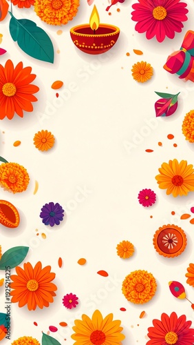 Diwali Decoration and Diya: An elegant Diwali decoration featuring vibrant marigold flowers and a traditional diya, spreading the joy and light of the festival.