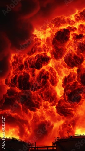 Massive industrial explosion with intense red and yellow fire clouds above dark storage tanks silhouette