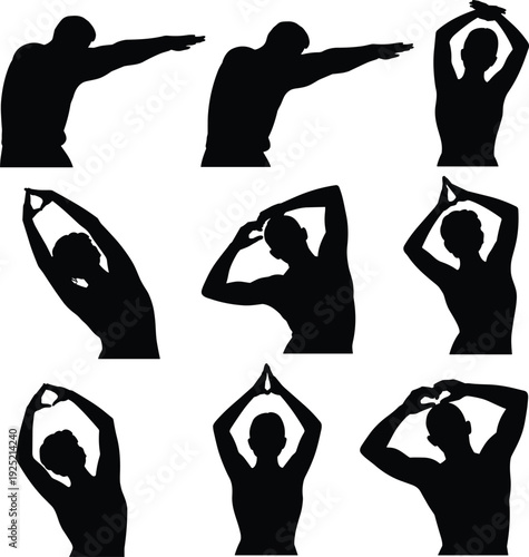 Stretching exercise silhouettes set showing warm up flexibility yoga and fitness poses isolated on white background for wellness training motion illustration design