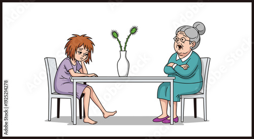 Granny Scolding Messy Tired Granddaughter at Table, Cartoon Vector Illustration of Family Conflict and Disorganized Lifestyle