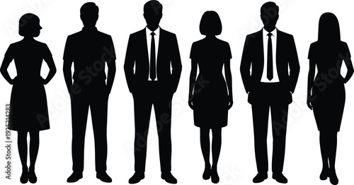 Business people silhouettes set featuring professional men and women standing in formal attire isolated on white background for corporate teamwork leadership illustration design