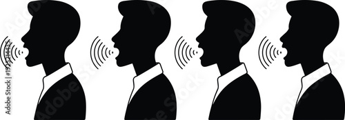 Man speaking profile silhouettes with sound waves showing communication voice speech and audio concept isolated on white background for business technology illustration design
