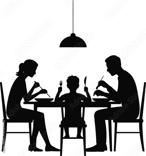 Family dinner silhouettes with parents and child eating together at table under lamp isolated on white background for lifestyle home relationship illustration design