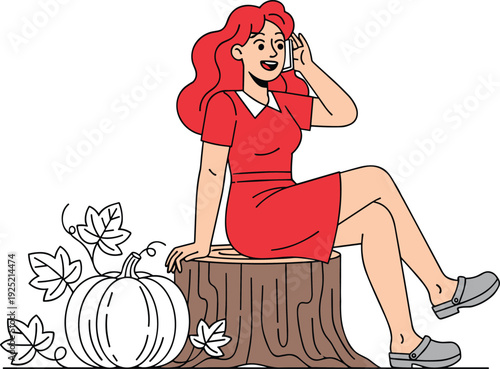 Beautiful redhead woman in red dress sitting on tree stump talking on phone, pumpkin autumn vector illustration