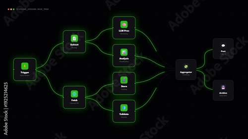 AI Workflow Automation Nodes and Branching Logic on Dark Background | Artificial Intelligence Process
