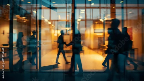 Blurred silhouettes of people walking through glass entrance of modern office building with warm interior lighting