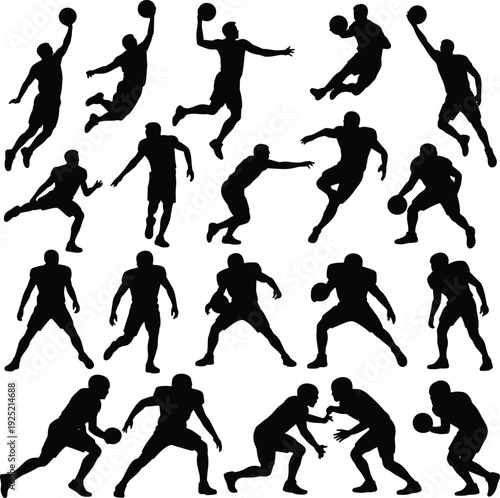 Basketball player action silhouettes set showing jumping dribbling shooting and defending poses isolated on white background for sports motion athletic illustration design