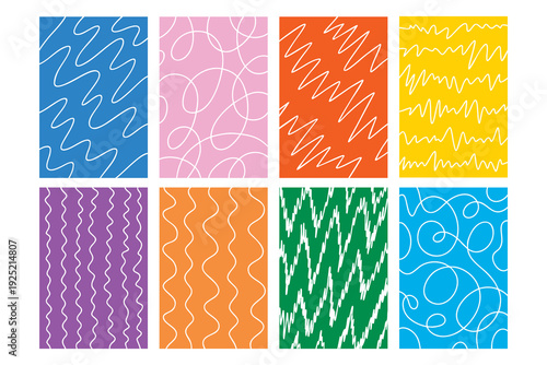 Vibrant scribble cards with high contrast blocks and energetic squiggles, punchy palette with wavy stripes and loops, ideal for retro branding, packaging, youth campaigns, and event artwork