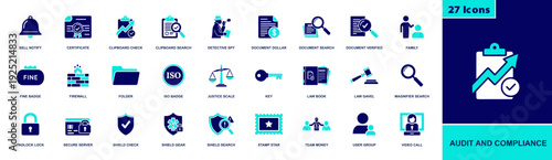 Audit and compliance icon set. Containing certificate, ISO, checklist, document search, verification, law gavel, scales, firewall, security and more. Solid fill vector icons collection.