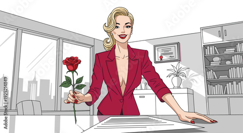 Beautiful blonde businesswoman holding red rose at office desk, retro pop art comic style, romance and career