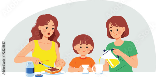 Happy family having breakfast together, mother pouring juice and children eating toast, flat vector illustration