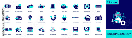 Building energy icon set. Containing AC unit, boiler, radiator, thermostat, solar panel, smart home, power plug, energy save, vent fan and more. Solid fill vector icons collection.