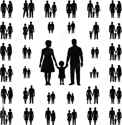 Family silhouette collection with parents and children holding hands, couples and groups, love, care, parenting, togetherness, human relationships concept isolated on white background
