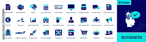 Business icon set. Containing approved doc, blockchain, AI brain, calculator, check payment, database, delivery, security, law, meeting, ecommerce, startup and more. Solid fill vector icons.