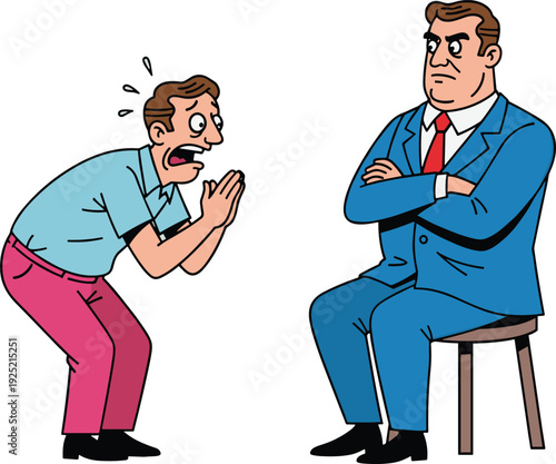 Scared employee begging angry boss, workplace conflict and corporate discipline concept, cartoon vector illustration