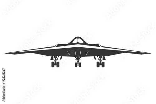 Front view silhouette bomber aircraft B21 raider. Black and white vector illustration from face in minimalist monochrome style. Modern united states military aircraft concept drawing.
