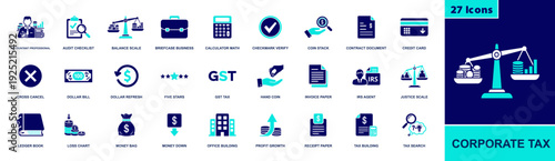 Corporate tax icon set. Containing accountant, audit, balance scale, calculator, coins, contract, credit card, invoice, GST, profit, receipt and more. Solid fill vector icons collection.