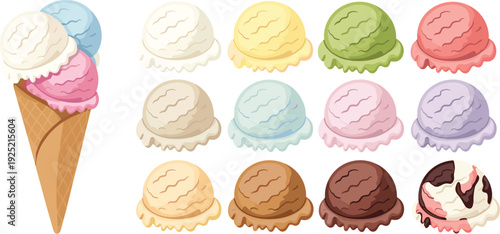 Assorted Ice Cream Scoops and ConeTitle:Colorful Ice Cream Scoops and Waffle Cone