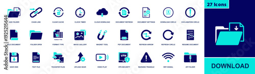 Download and file manager icon set. Containing folder, file, cloud download, upload, refresh, pdf, zip, cache, link, wifi, vpn, warning and more. Solid fill vector icons collection.