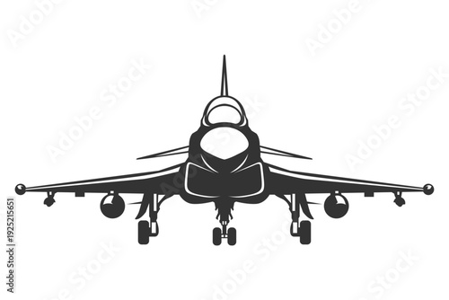 Minimalist black and white vector plane artwork eurofigther typhoon. SIlhouette europe modern combat aircraft from front view. Monochrome drawing fighter jet.