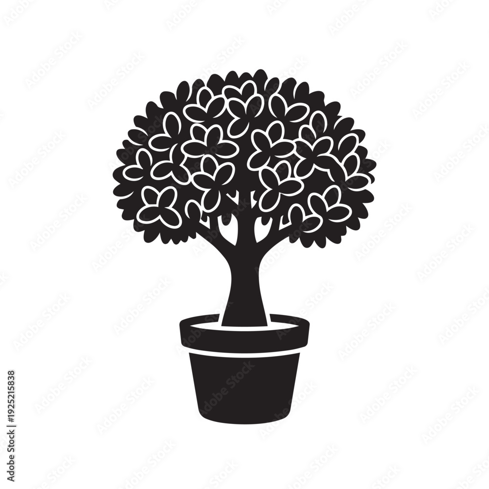 Obraz premium Minimalist Potted Jade Tree Silhouette Vector - Crassula Ovata Bonsai Money Tree Graphic