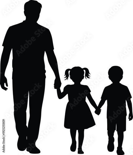 Father walking with two children silhouette holding hands, parenting love, protection, family bonding, single dad concept, childhood safety, togetherness isolated on white