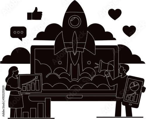 Black Online Analytics and Marketing Workflow Illustration