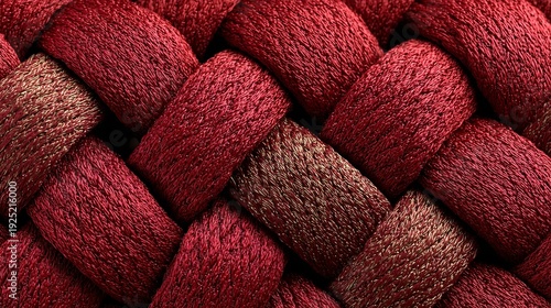 Close-up macro of interlocking woven threads of vibrant crimson silk fabric