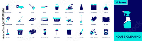 House cleaning icon set. Containing air freshener, broom, brush, mop, bucket, vacuum, dishwasher, washing machine, sponge, spray bottle, laundry and more. Solid fill vector icons collection.