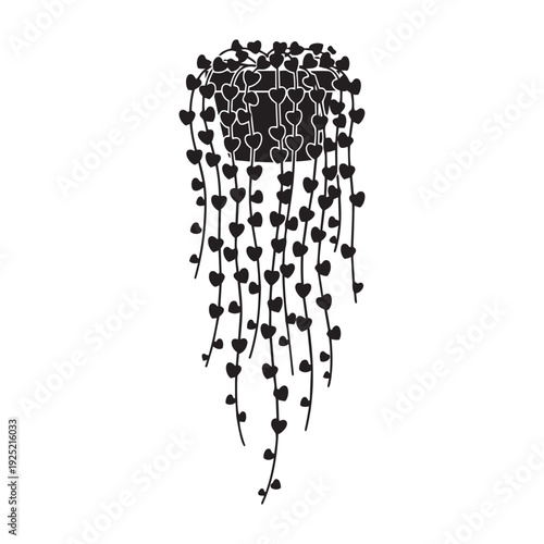 Trailing String of Hearts Hanging Plant Silhouette Vector - Ceropegia Woodii Potted Succulent Graphic