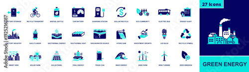 Green energy icon set. Containing batteries, solar, wind, hydro, tidal, geothermal, biofuel, EV charging, EV bus, smart grid, recycle, audit and more. Solid fill vector icons collection.