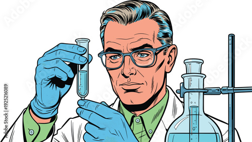 Vintage comic style vector of a professional scientist holding a test tube in laboratory