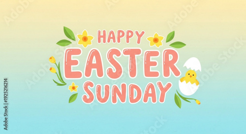 Easter sunday greeting card with happy chick emerging from egg and floral design on gradient background
